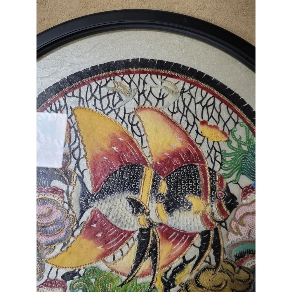 Framed Angelfish Textile Art Round Mixed Media Hand Painted‎ Embroidery 18inches